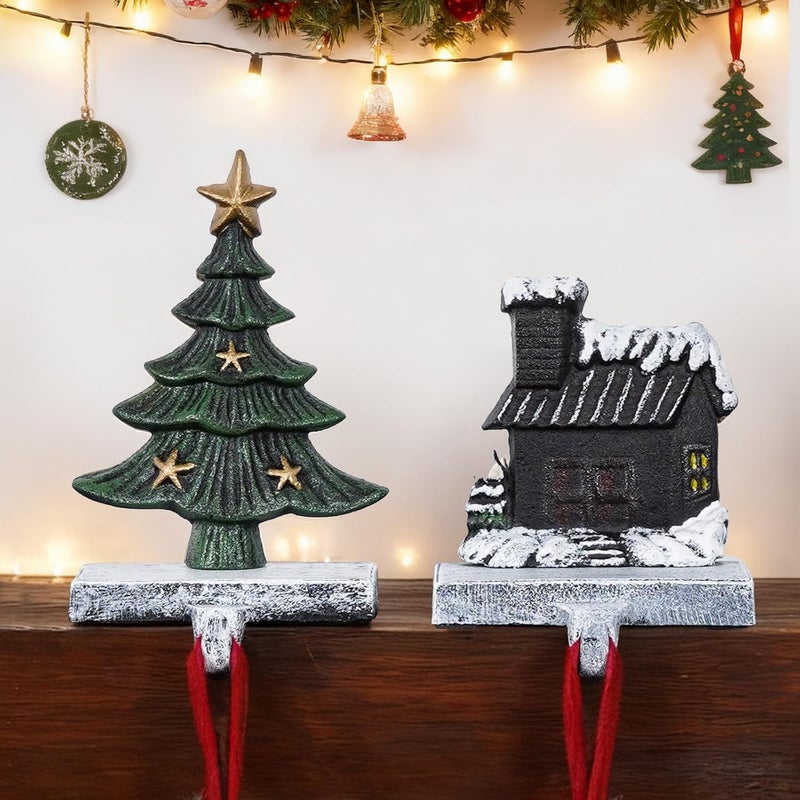 IGOHEALS Stocking Holders for Mantle – 3D Christmas Stocking Holder Heavy Duty Cast Iron Garland Hangers for Mantel with Non-Slip Base | Xmas Decor, Sturdy Fireplaces Hook (Tree and Cottage) - Image 1
